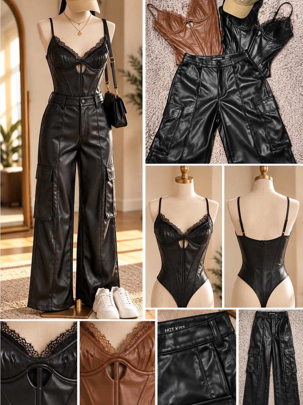 Popilush Faux Leather Bodysuit Bundle + Wide Leg Cargo Pants + Yankees Hat